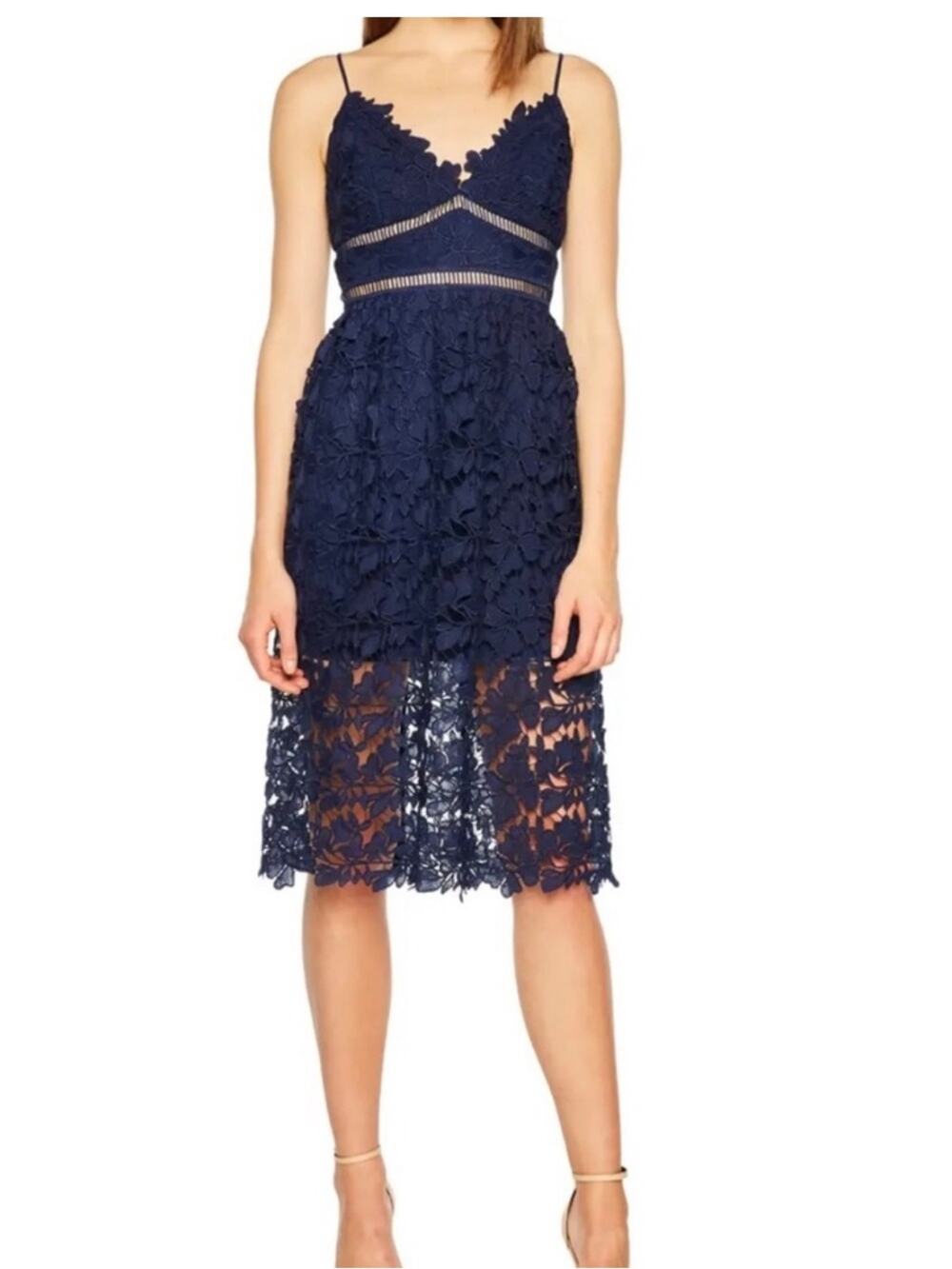 Bardot Navy Blue Sonya Lace Dress V-Neck Exposed Silver Zip Size 4